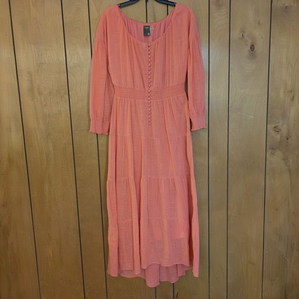 Taylor Coral Tiered Button Front Maxi Dress Boho Cottagecore